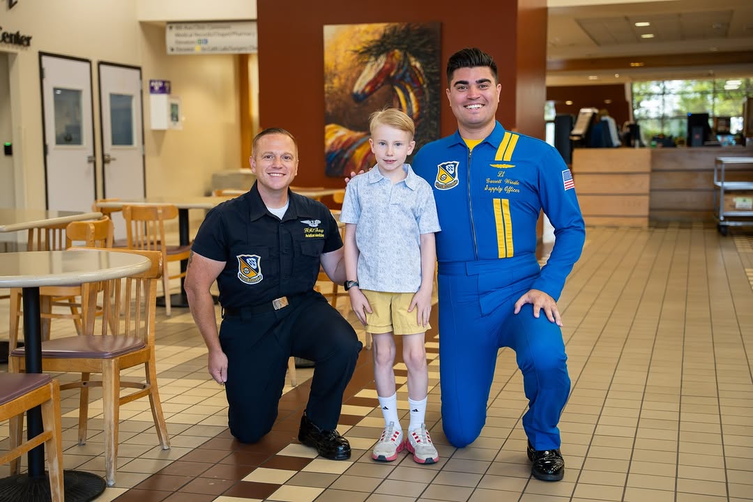 Instagram post by Dr. Matthew Wolpoe: The Blue Angels jetted into the Pediatrics wing at Billings Clinic last week! ✈️ Two members of the Blue Angels took some time away from the…