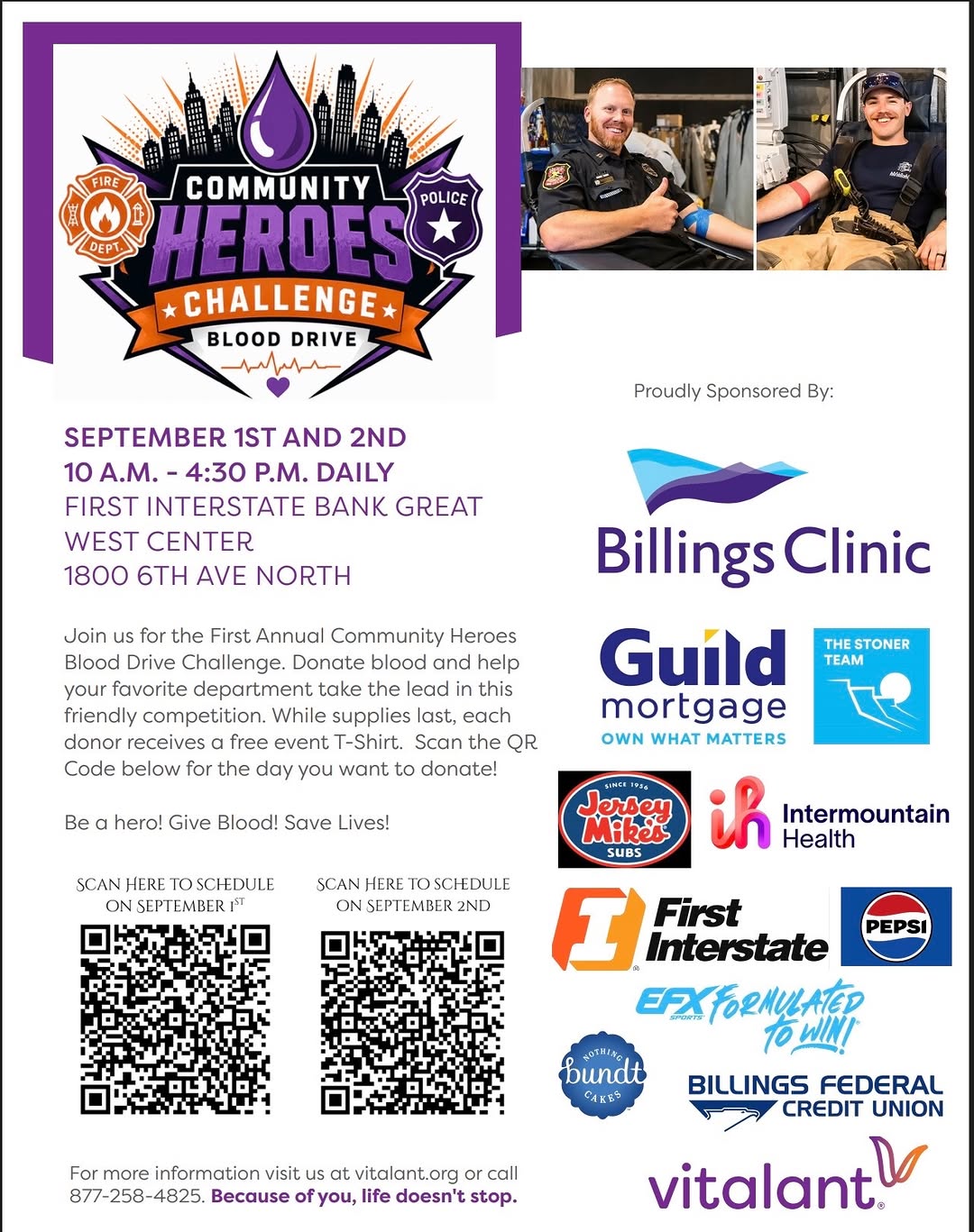 Instagram post by Dr. Matthew Wolpoe: Billings, we need you. 💜🩸 Appointments are still available for the Community Heroes Challenge Blood Drive, September 1 & 2. Billings Clini…