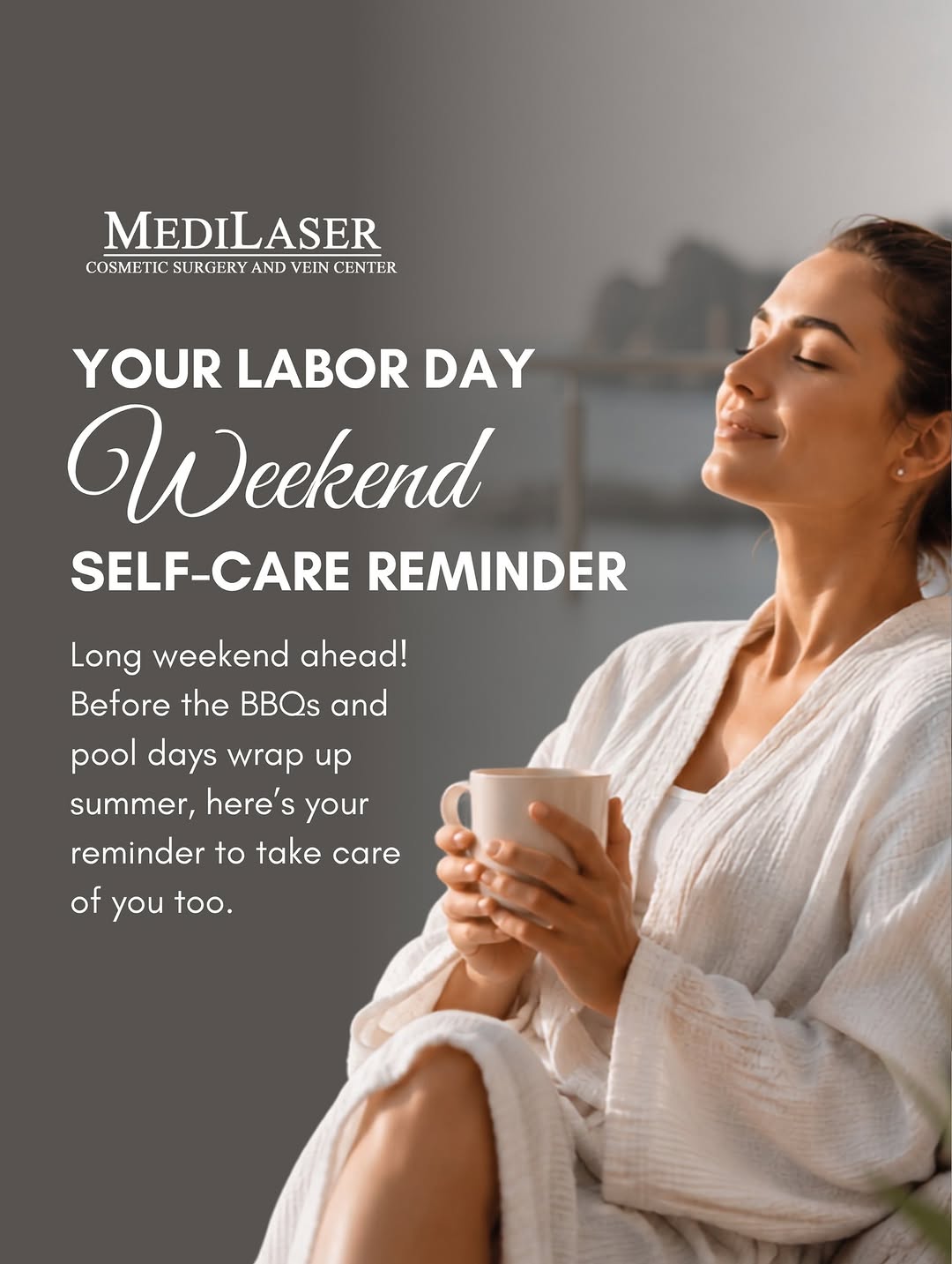 Instagram post by Dr. Mauricio Giraldo: 🌤️ Long weekend ahead! Before the BBQs and pool days wrap up summer, here's your reminder to take care of you too. 💧 Hydrate 🧴 SPF, even …