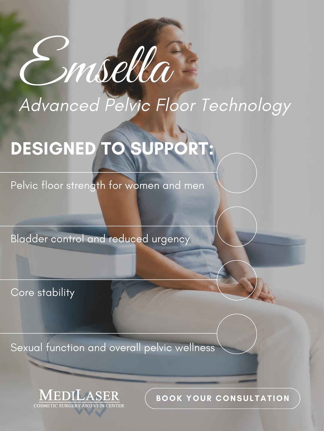 Instagram post by Dr. Mauricio Giraldo: 🪩⚡ It sounds almost unbelievable — but Emsella uses electromagnetic technology to stimulate thousands of pelvic floor muscle contractions i…