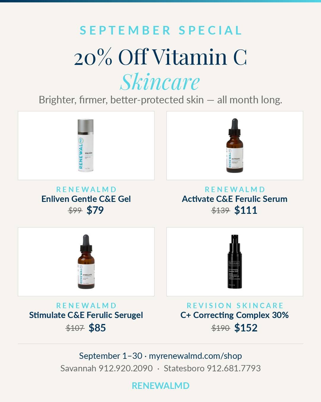 Instagram post by Dr. Meghan K. McGovern: After a Lowcountry summer, your skin could use the antioxidant. ☀️ All September, take 20% off our vitamin C lineup: • RenewalMD Enliven Gen…