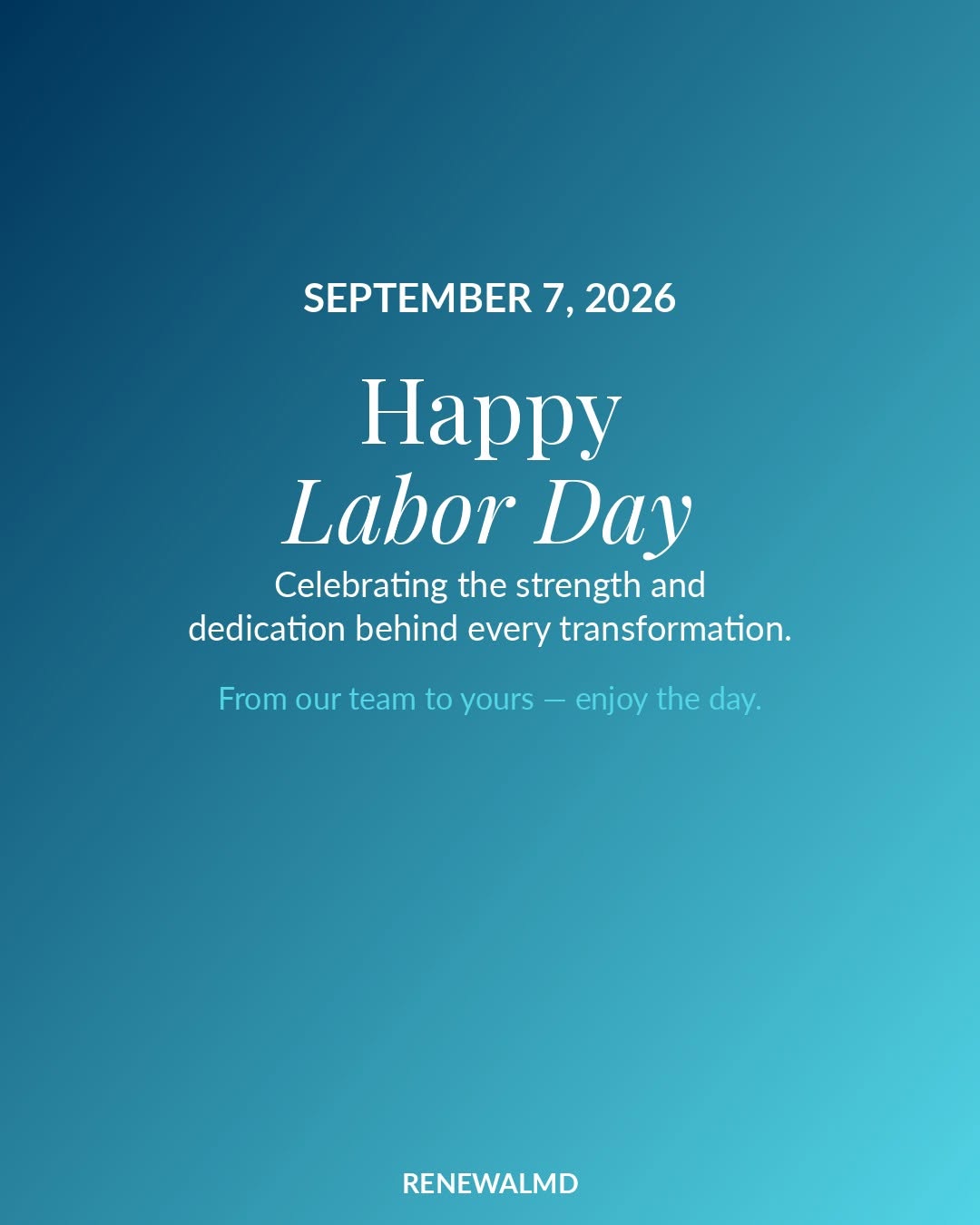 Instagram post by Dr. Meghan K. McGovern: Happy Labor Day from all of us at RenewalMD! 🇺🇸 Celebrating the strength and dedication behind every transformation — including yours. We …