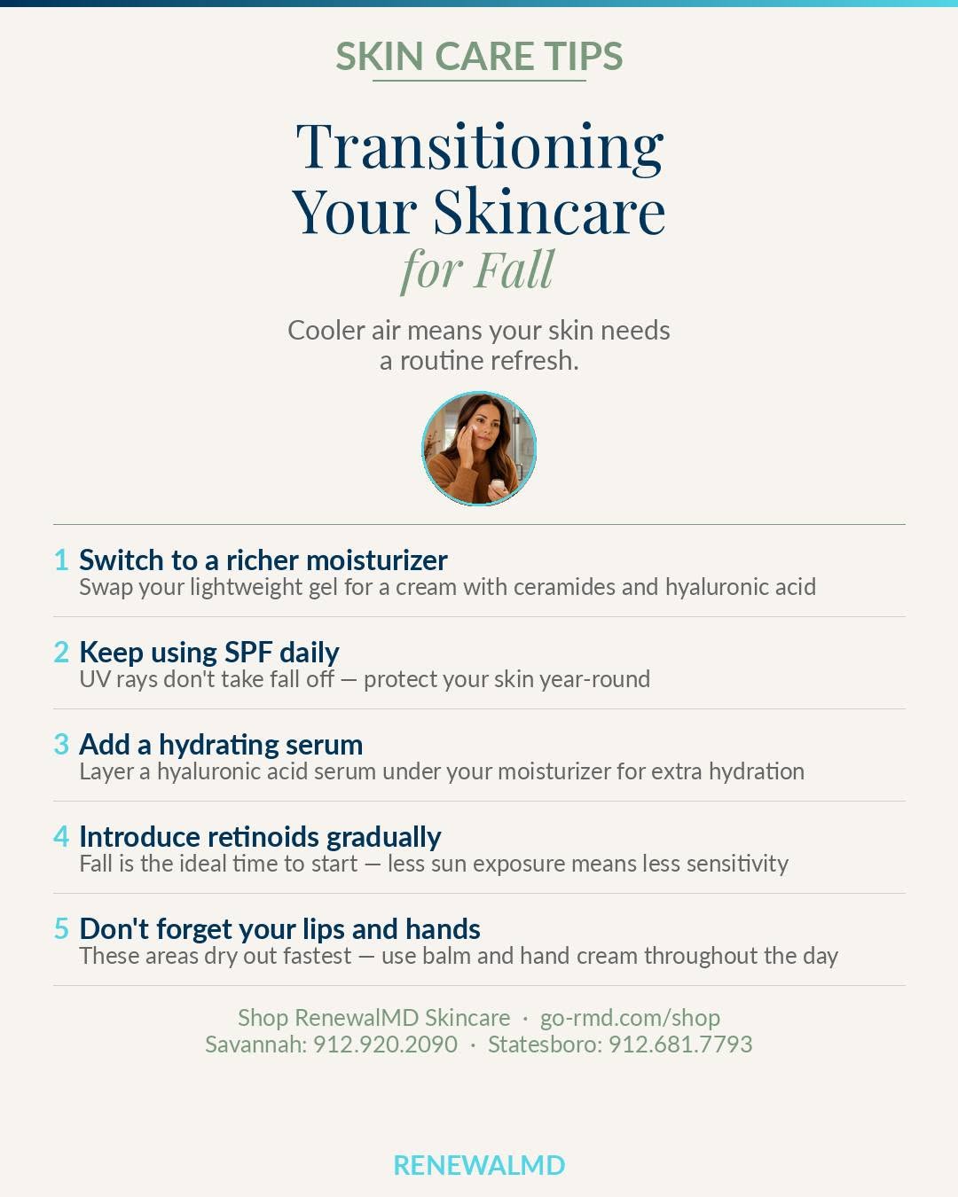 Instagram post by Dr. Meghan K. McGovern: Cooler air is coming — is your skincare ready? 🍂 Fall means your skin needs a routine refresh. Here are 5 simple swaps: 1️⃣ Switch to a ric…