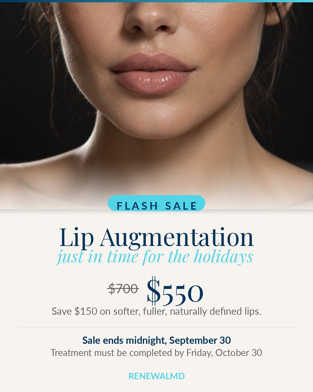 Instagram post by Dr. Meghan K. McGovern: Flash sale: lip augmentation is $550, regularly $700. 💋 Holiday parties, family photos, all those end-of-year reasons to be in front of a c…