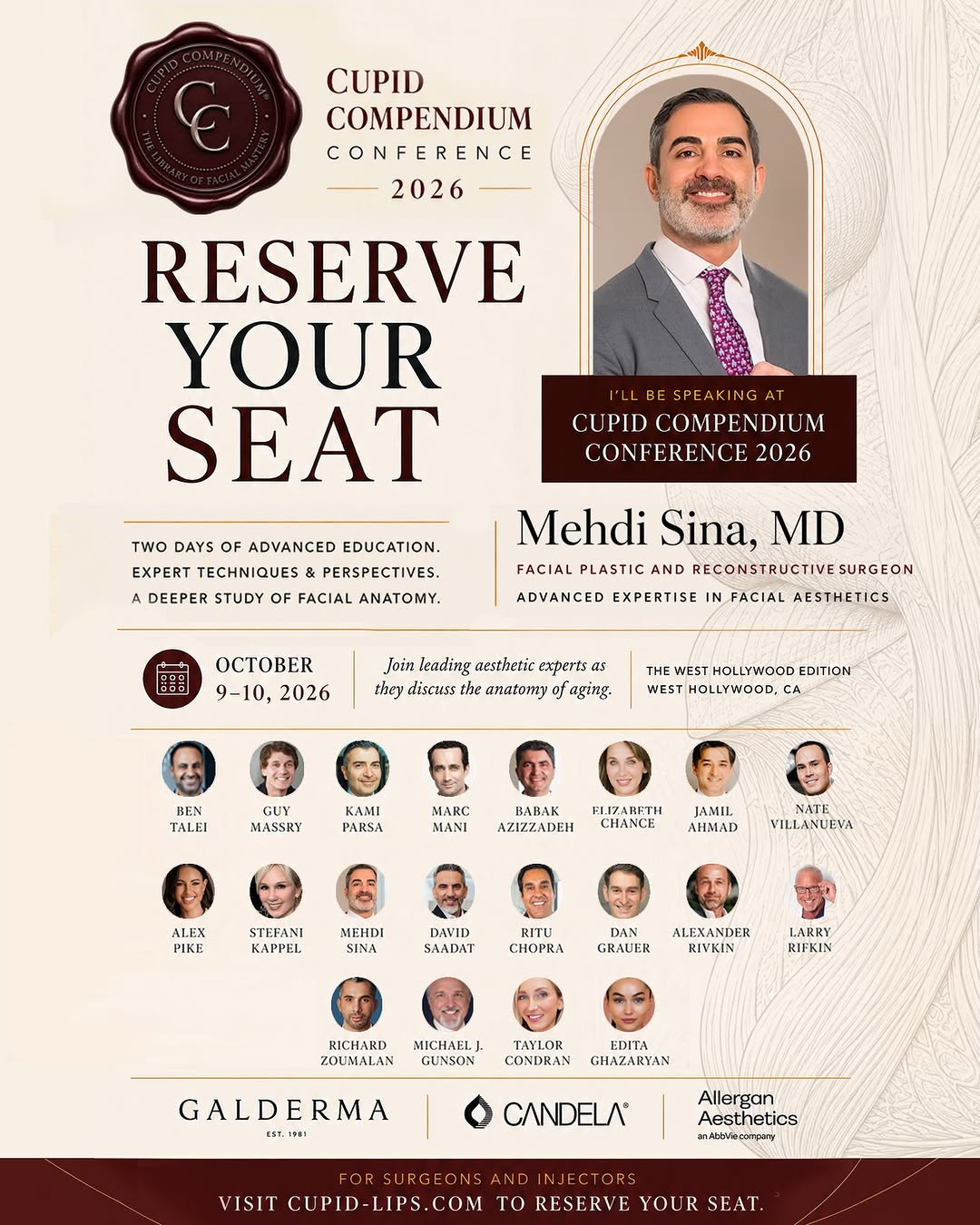Instagram post by Dr. Mehdi Sina: MEET THE SPEAKER | MEHDI SINA, MD, MBA We’re excited to welcome Dr. Mehdi Sina to the Cupid Compendium Conference 2026. A fellowship-trained…