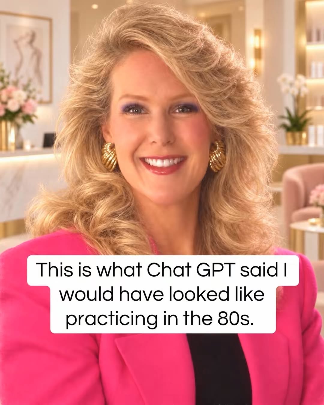 Instagram post by Dr. Melanie Prince: Had to jump on this Chat GPT trend. Apparently this is what I would have looked like practicing in the 80s!! #chatgpttrend #80schatgpttrend …