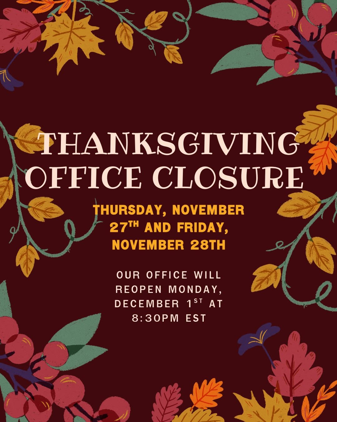 Instagram post by Dr. Melda A. Isaac: 🌻🦃 We’re so grateful for your support this year. Our team is off for Thanksgiving and will be back to help you Monday, December 1st at 8:3…