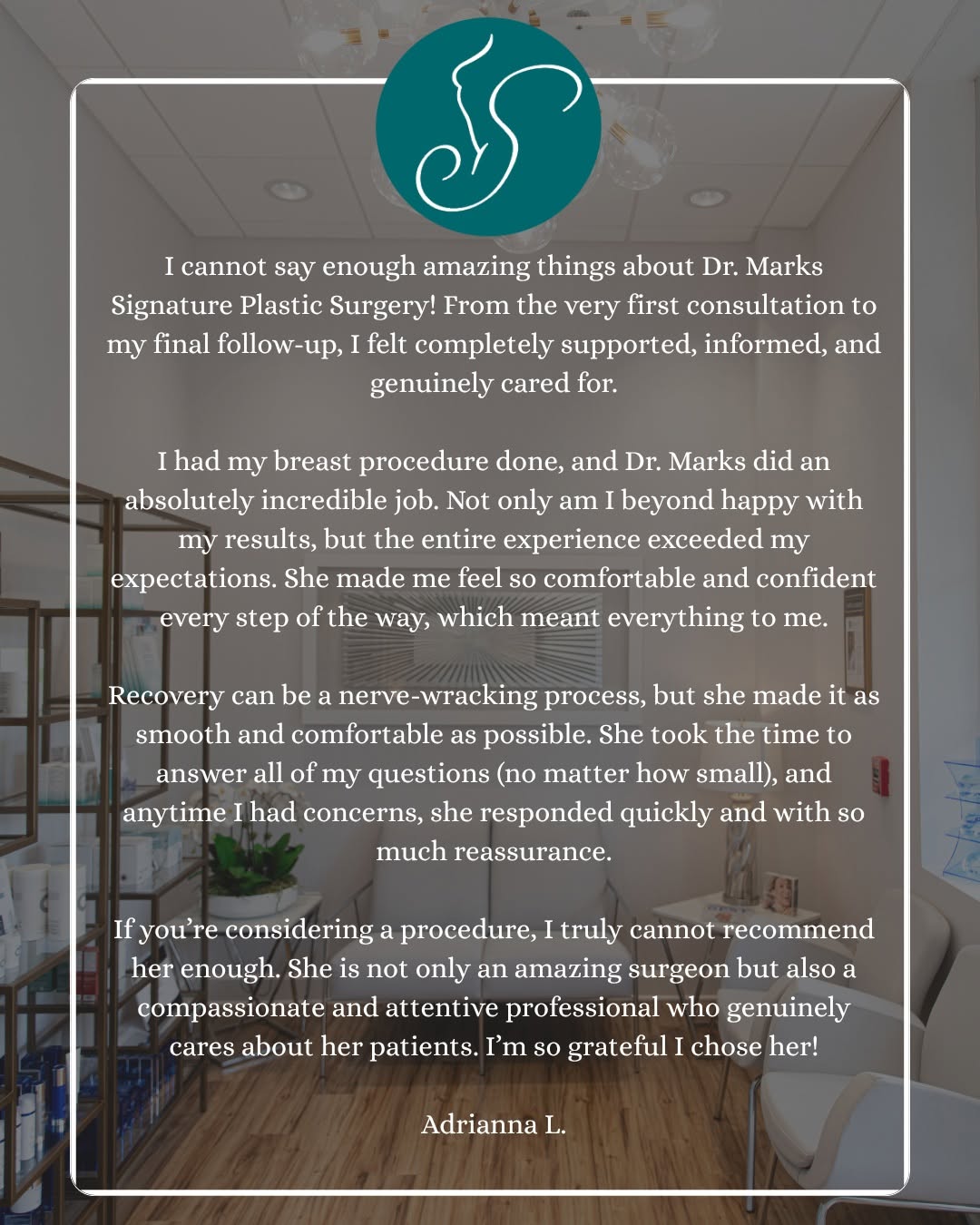 Instagram post by Dr. Melissa Marks, DO, FACOS: Our patients are at the heart of everything we do. Thank you for your thoughtful review and for trusting our team with your care! ✨ #Signatu…