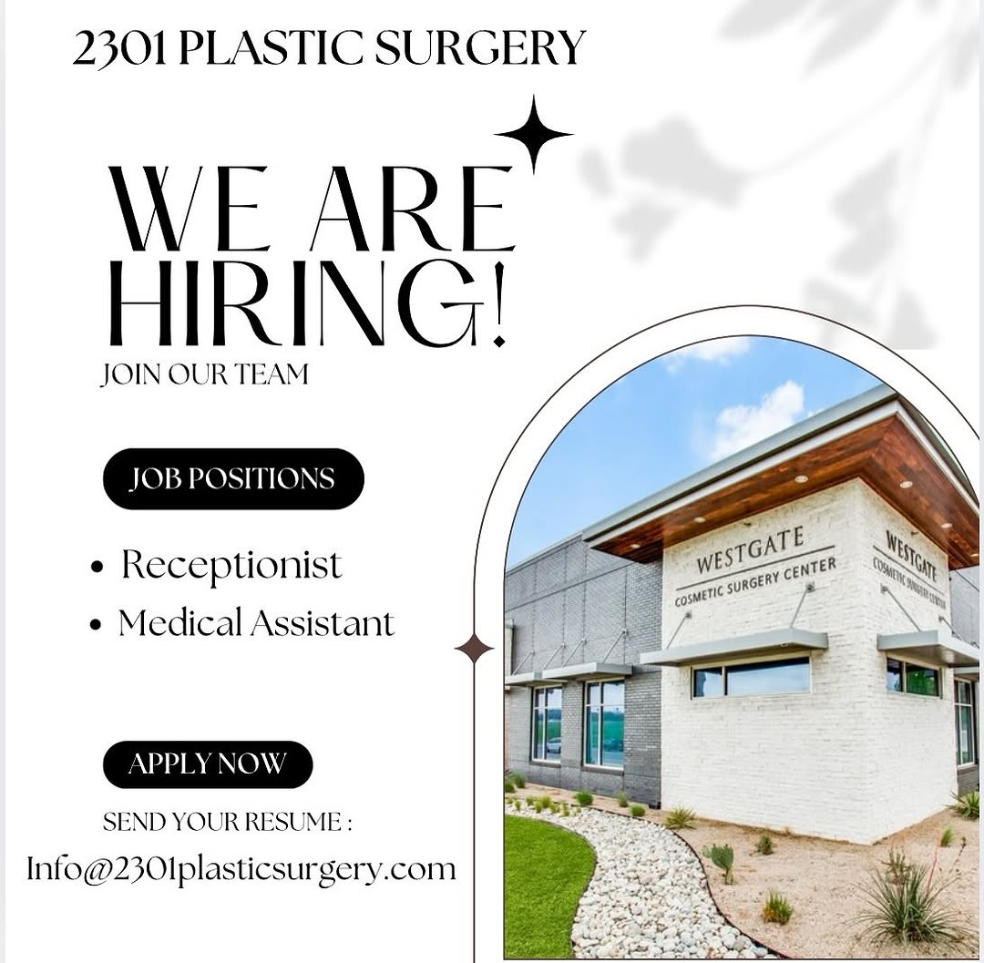 Instagram post by Dr. Michael A. Bogdan: 🚨 We’re Hiring! 🚨 Join our amazing team at 2301 Plastic Surgery! We’re looking for a dedicated Medical Assistant and Front Desk Receptioni…