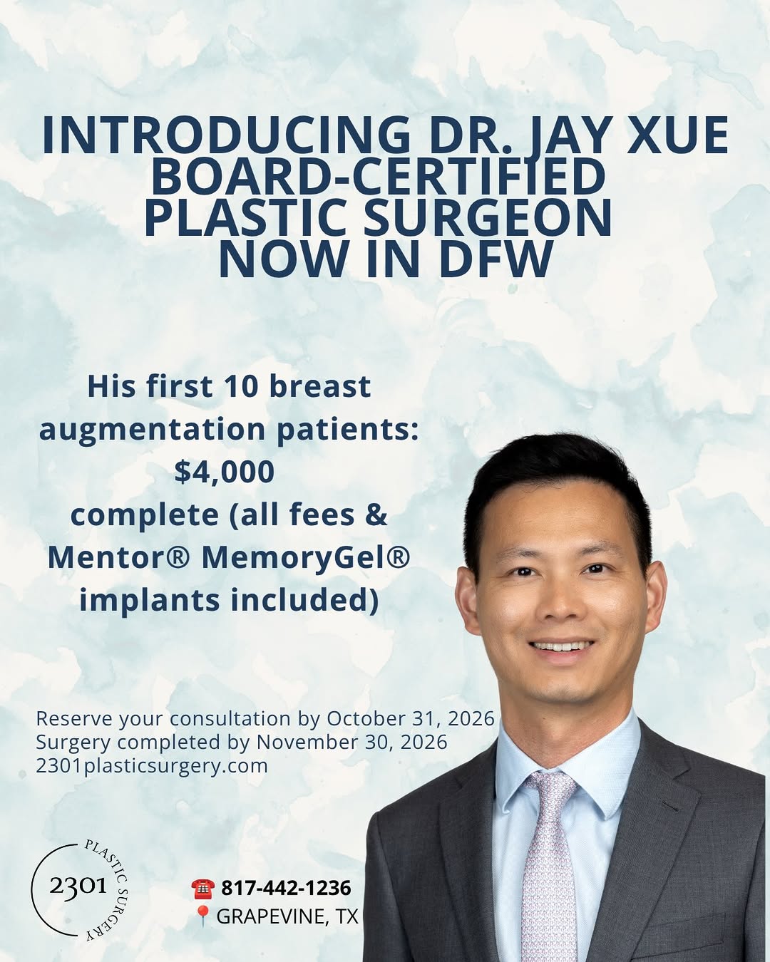 Instagram post by Dr. Michael A. Bogdan: To celebrate the newly joined surgeon to our team, we’re welcoming a limited number of patients to reserve their breast augmentation at an i…