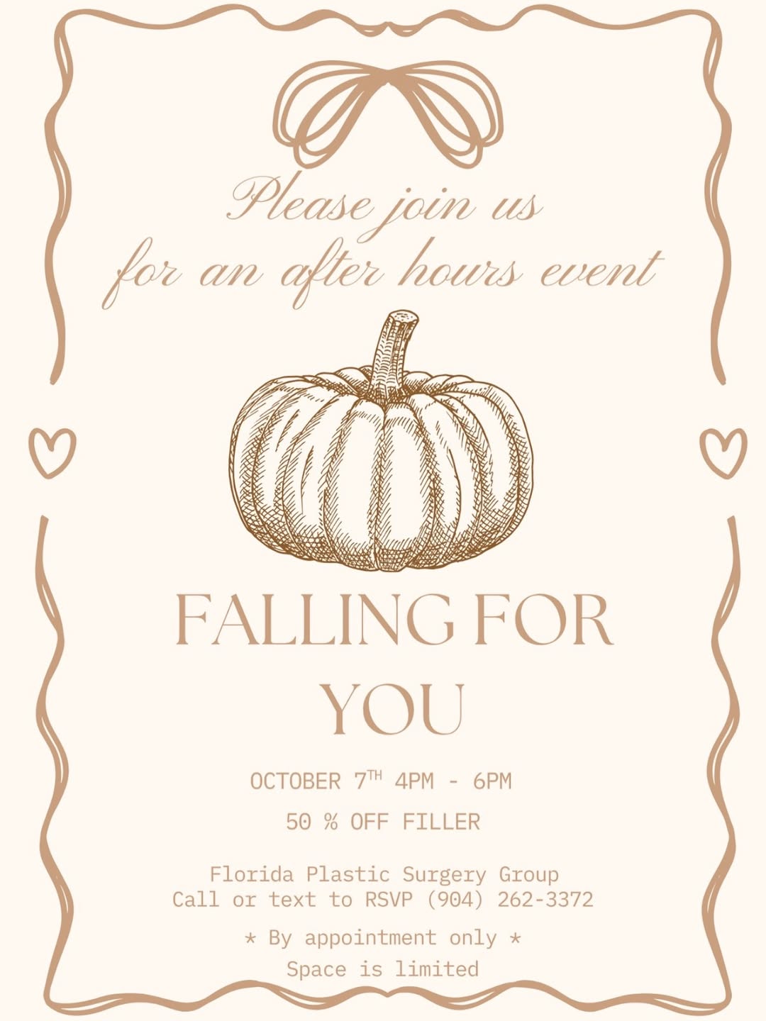Instagram post by Dr. Michael A. Fallucco: Join us on October 7 from 4-6 PM for 50% off filler! Space is limited, but we would love to see you there! Call or text (904)262-3372 to RSV…