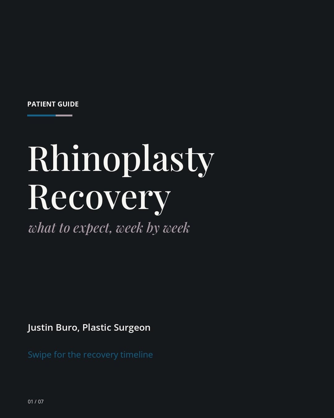 Instagram post by Dr. Michael A. Fiorillo: Rhinoplasty recovery, week by week - from the first 72 hours to final refinement. Splint off around day 5-7. Back to work for most patients …