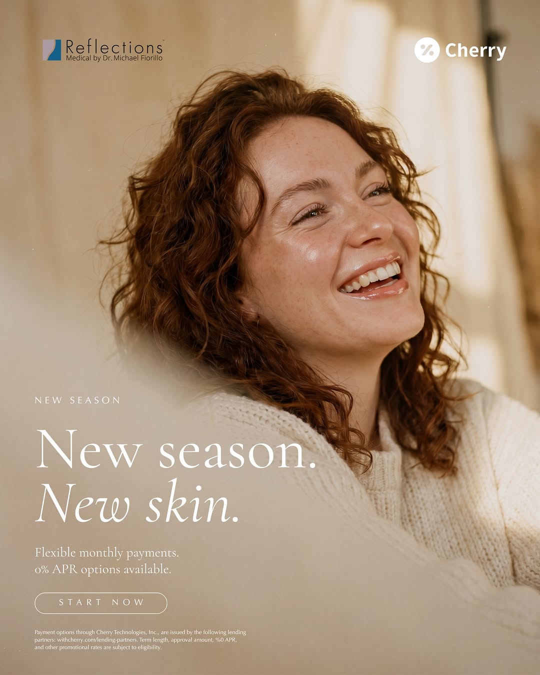 Instagram post by Dr. Michael A. Fiorillo: New season. New skin. Flexible monthly payments that fit your budget. The plan starts now. #CherryFinancing #PayInPayments #BeautyInvestment…