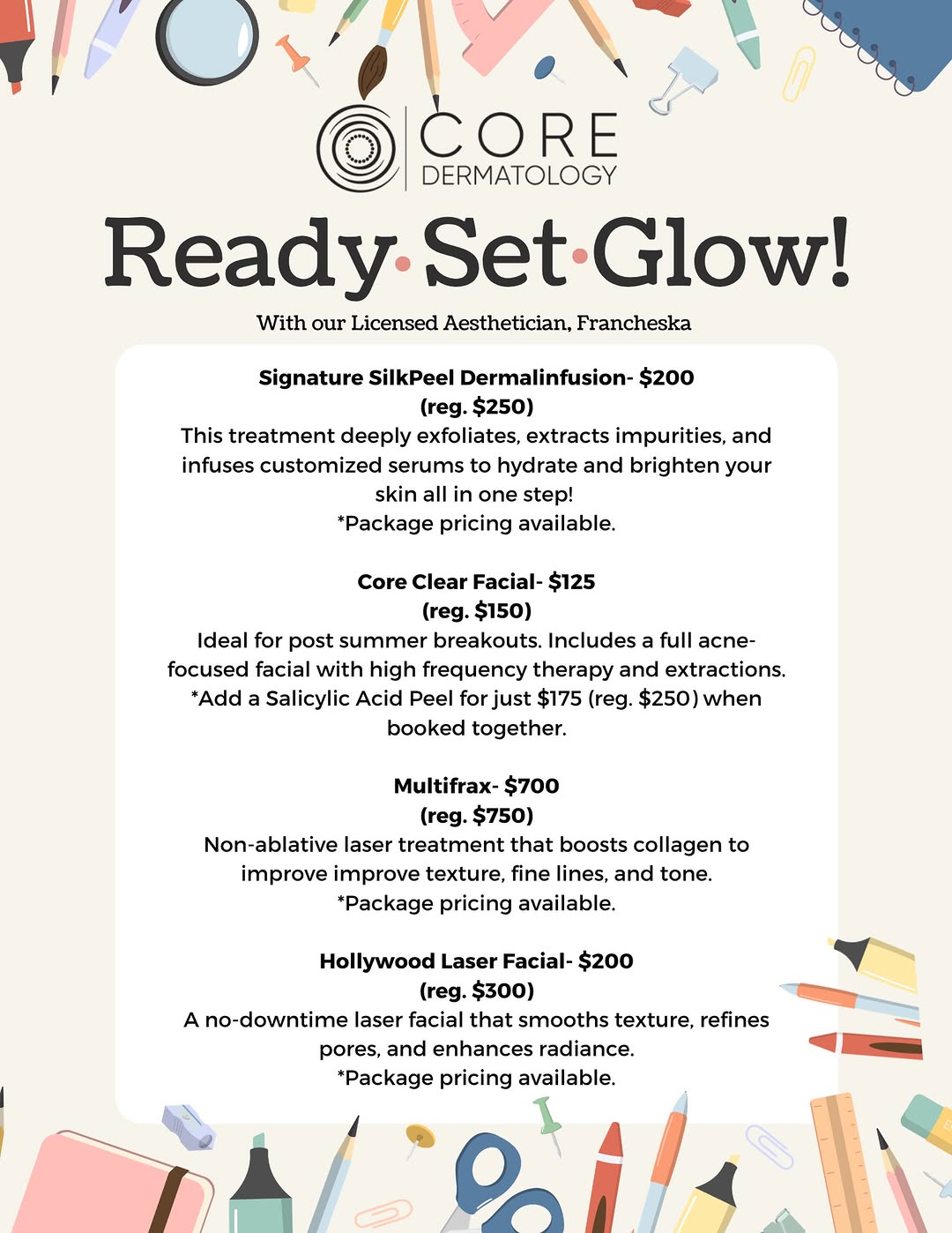 Instagram post by Dr. Michael Contreras: ✏️📚 Ready. Set. Glow! ✨ Back-to-school isn’t just for the kids...it’s the perfect time to hit reset for your skin too! 🍎🍂 Treat yourself …