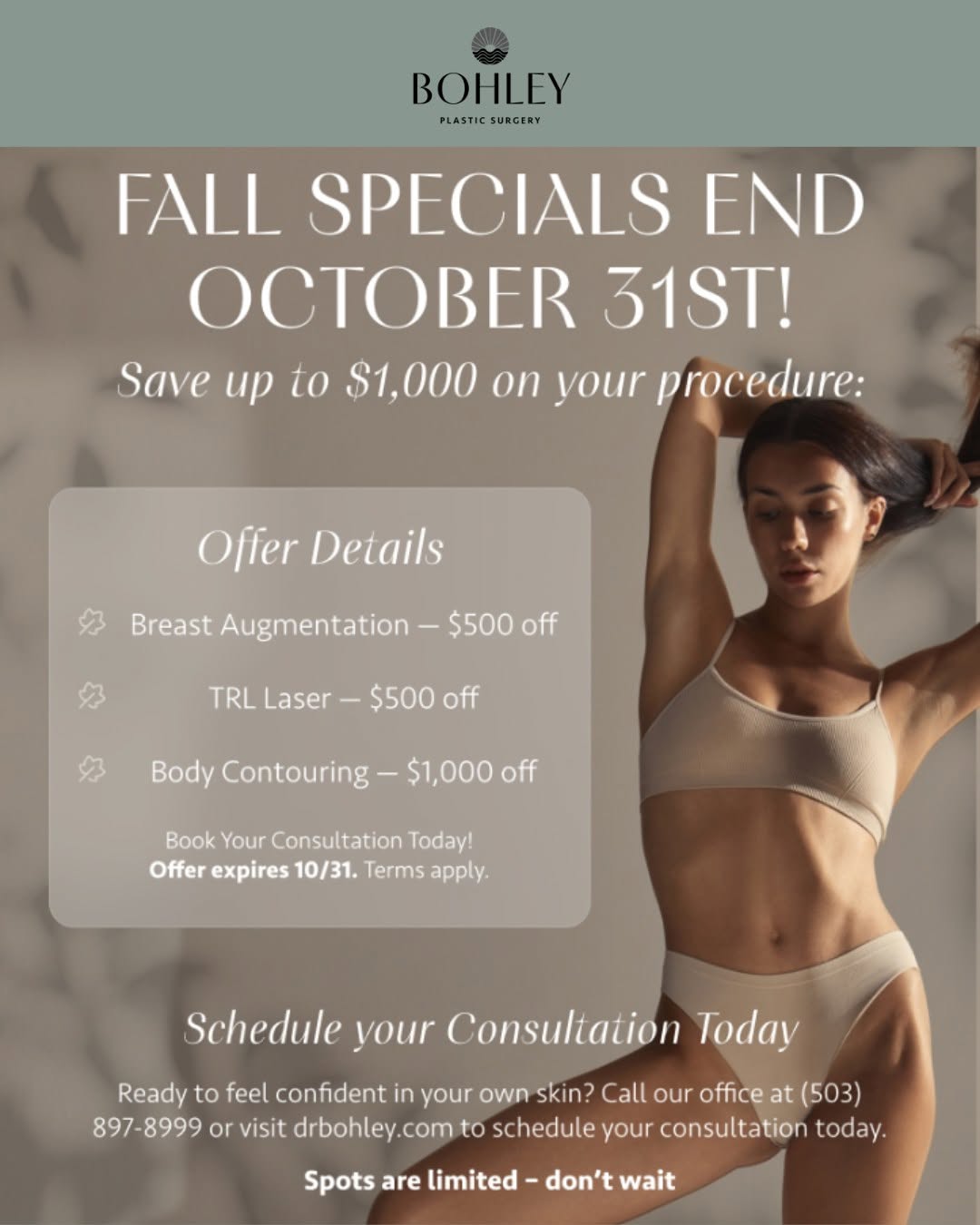 Instagram post by Dr. Michael F. Bohley: Fall is the season to take care of yourself, and we are making it a little easier. Now through October 31, 2026, save up to $1,000 on your p…