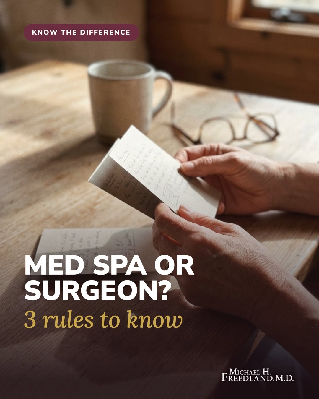 Instagram post by Dr. Michael Freedland: Med spa or plastic surgeon? Three rules to tell which you actually need: match the tool to the goal (surface vs structure), know who is in t…