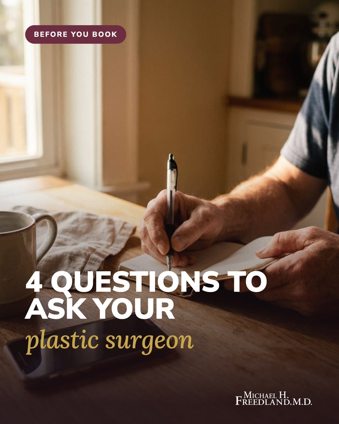 Instagram post by Dr. Michael Freedland: Choosing a plastic surgeon is a big decision, and the right questions make it clearer. Four worth asking before you book: board certificatio…