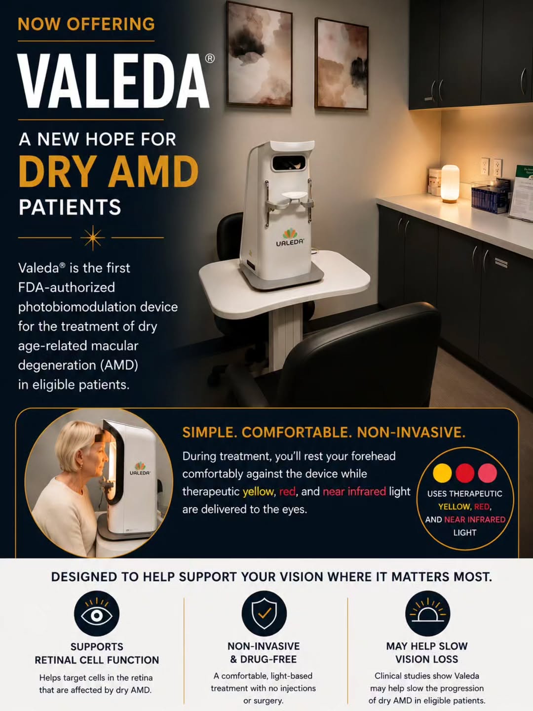 Instagram post by Dr. Michael J. Gordon: ✨ A new option for patients with dry AMD is here. We're excited to introduce VALEDA® at Gordon Schanzlin New Vision Institute. This innovati…