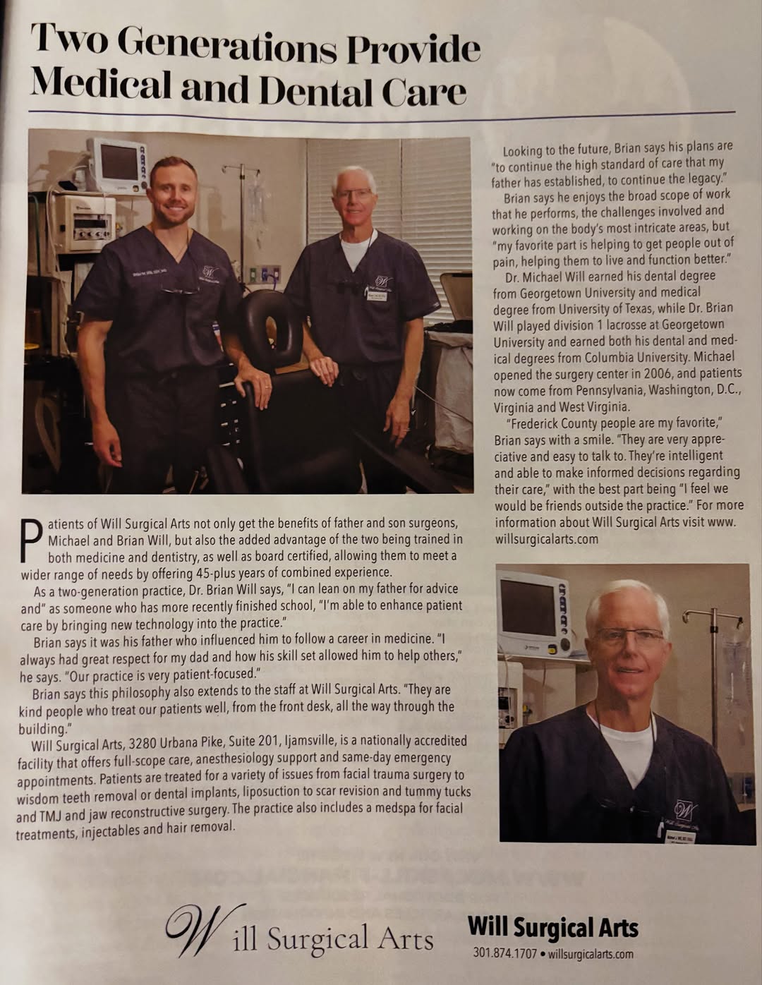 Instagram post by Dr. Michael J. Will: 📰✨ Check your newsstands for today’s Frederick Magazine featuring our favorite doctors! 🩺🤍 Such an honor to see our doctors featured in F…