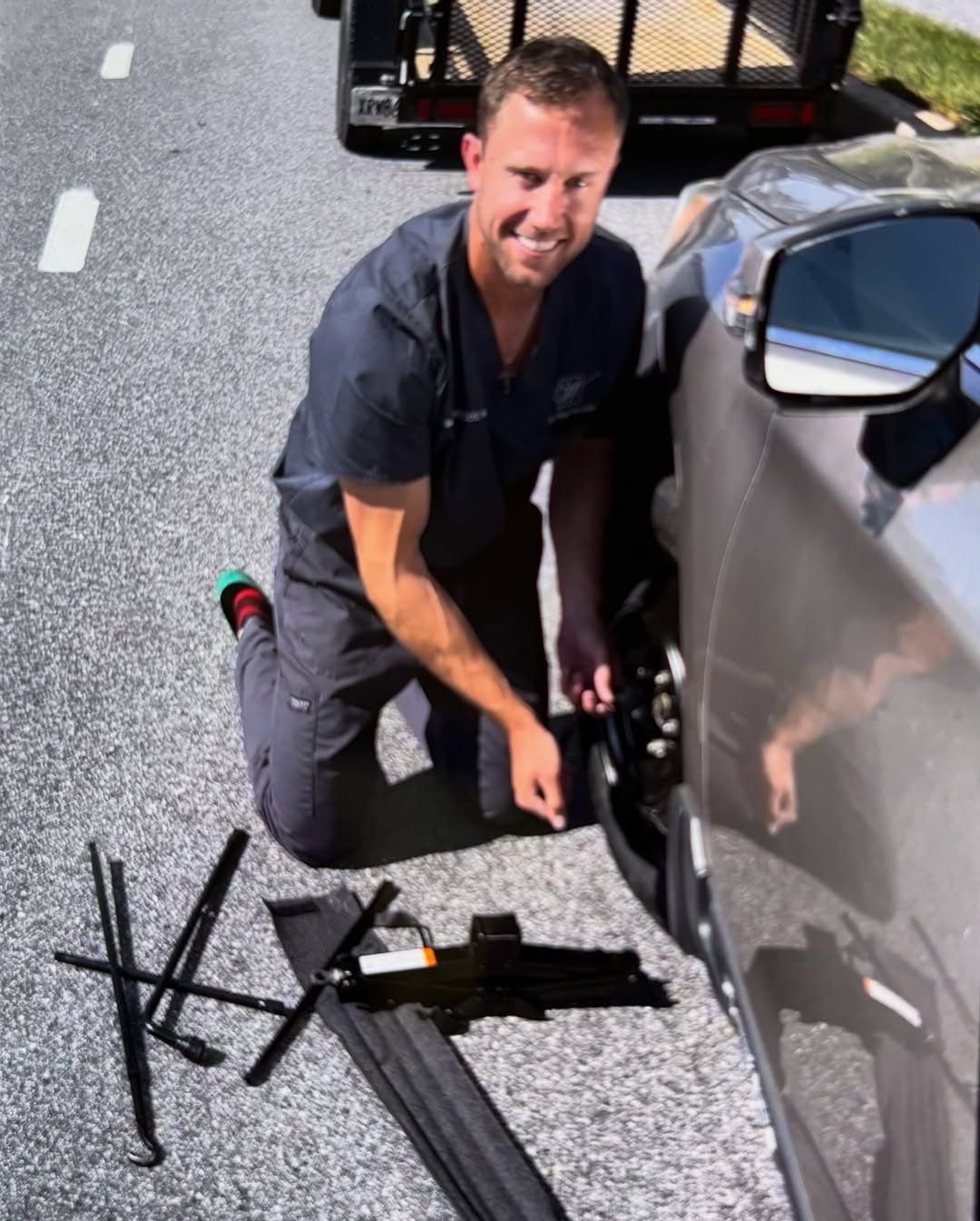 Instagram post by Dr. Michael J. Will: 🛞❤️ Dr. Will to the rescue! One of our patients found themselves with a flat tire and needed a helping hand. Without hesitation, Dr. Brian …