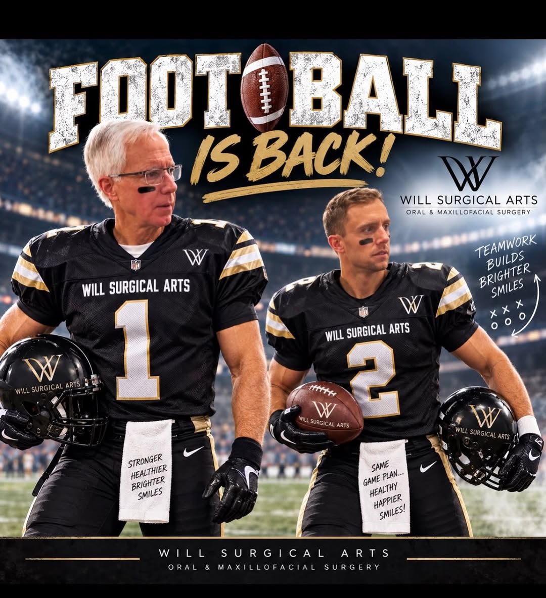 Instagram post by Dr. Michael J. Will: 🏈 NFL IS BACK! 🏈 Football season is officially here, and we’re ready for kickoff at Will Surgical Arts! 🏆🦷 Now the important question… W…