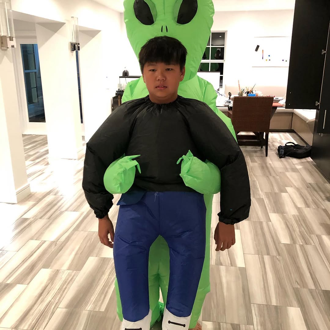 Instagram post by Dr. Michael K. Kim: Go follow my son @mishu_exe #costume #halloweencostume #halloween #alien #boi #newcostume #clothes #scary #hoverboard #instagram