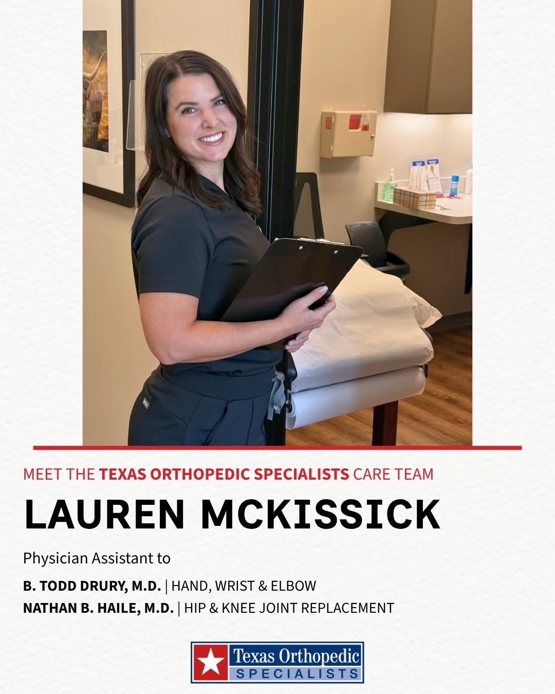 Instagram post by Dr. Michael Nguyen: MEET THE TEXAS ORTHOPEDIC SPECIALISTS CARE TEAM -Lauren McKissick, Physician Assistant. For the past seven years, Lauren has been caring for…