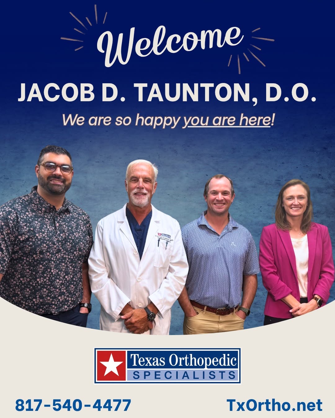 Instagram post by Dr. Michael Nguyen: Dr. Paul A. Tavakolian, Dr. O. David Taunton Jr., and Dr. Katherine C. Bartush are excited to welcome Dr. Jacob D. Taunton to Texas Orthoped…
