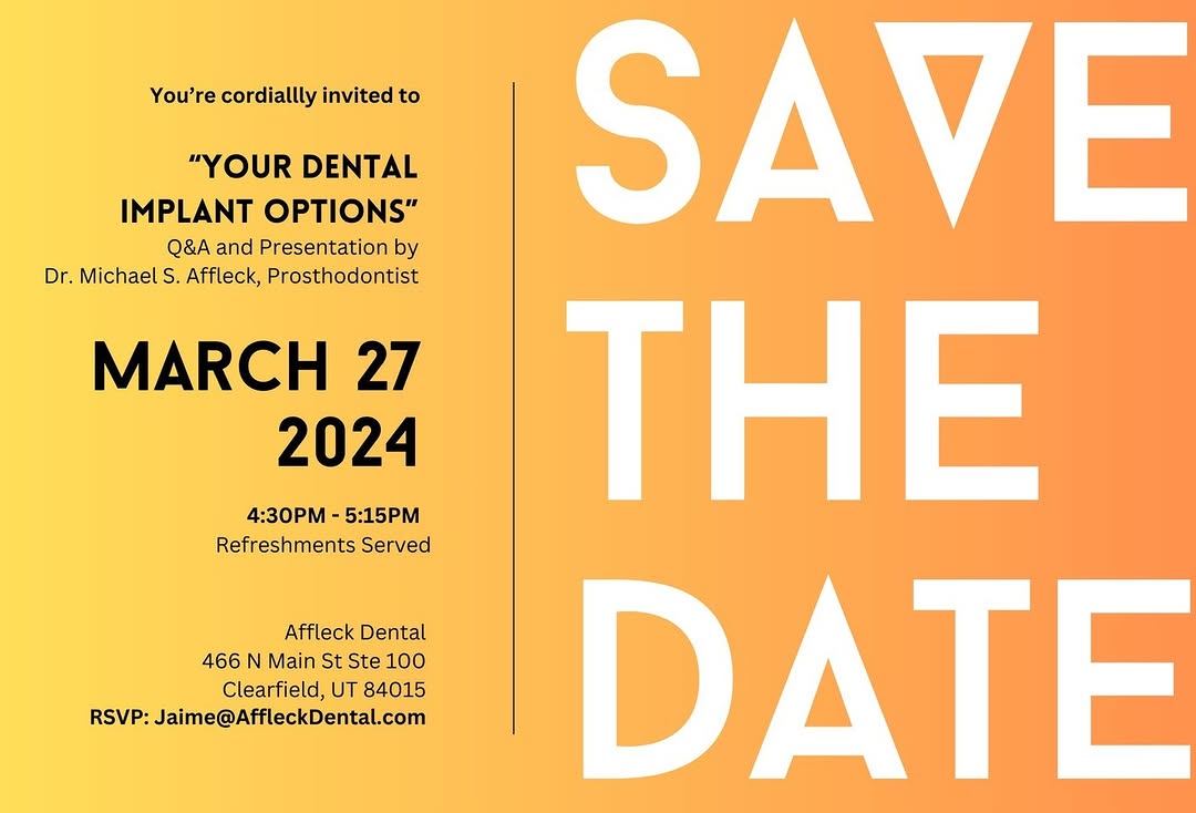 Instagram post by Dr. Michael S. Affleck, DDS: Event: "Your Dental Implant Options" with Prosthodontist Dr. Michael Affleck Come enjoy a relaxed small group setting with a friend or famil…