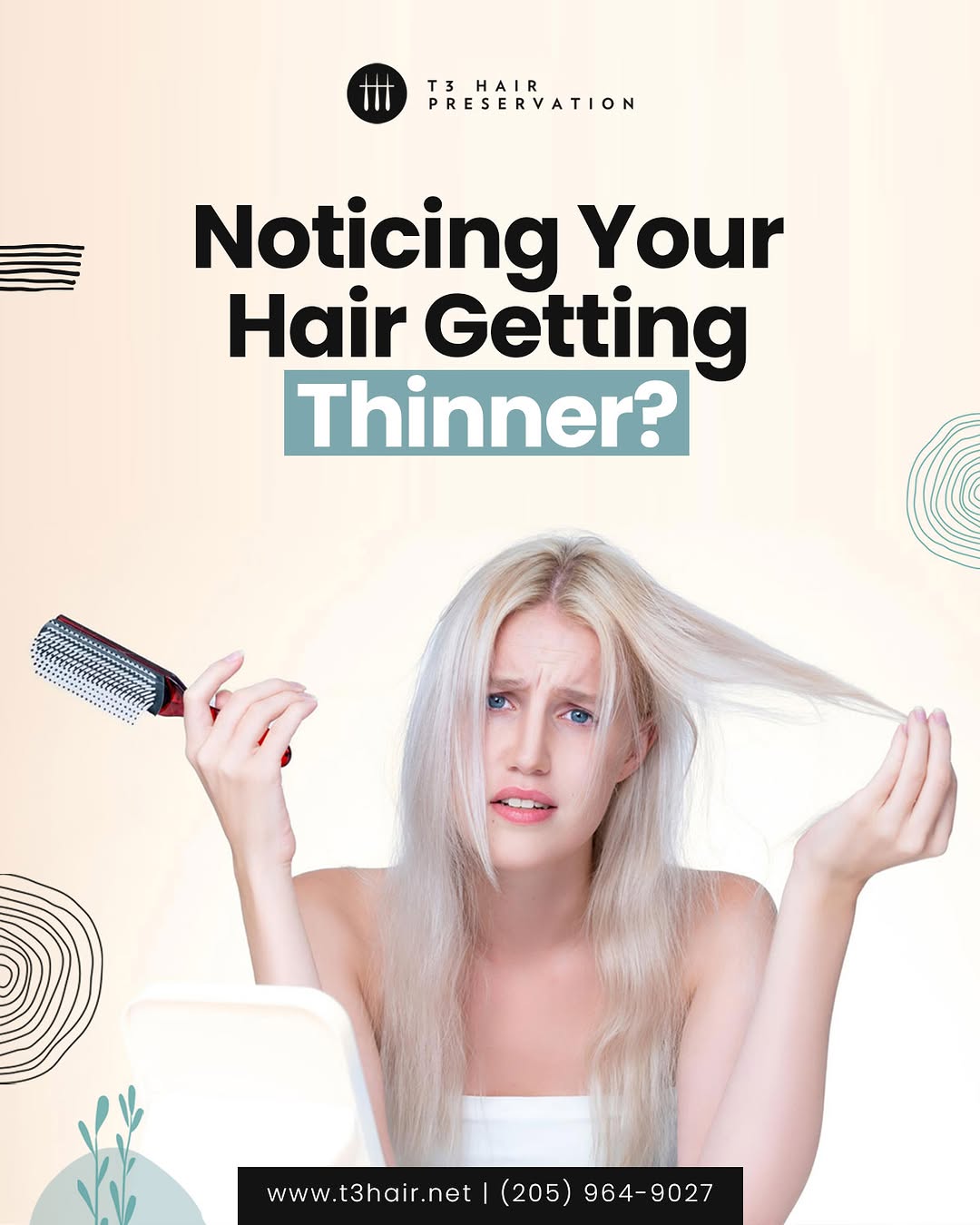 Instagram post by Dr. Michael S. Beckenstein: Hair thinning often starts gradually, a widening part, more hair on your brush, or reduced volume. At T3 Hair Preservation, early evaluation…