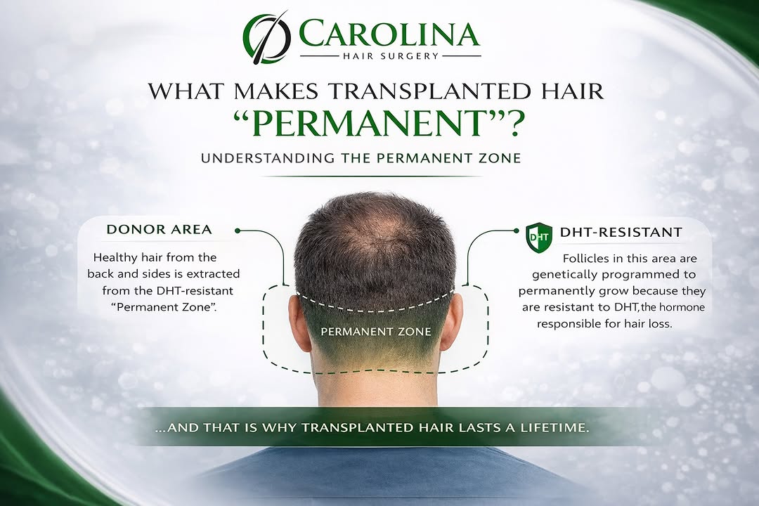 Instagram post by Dr. Michael Vories: What makes transplanted hair permanent? Hair used in transplants is taken from the back and sides of the scalp, often referred to as the “pe…