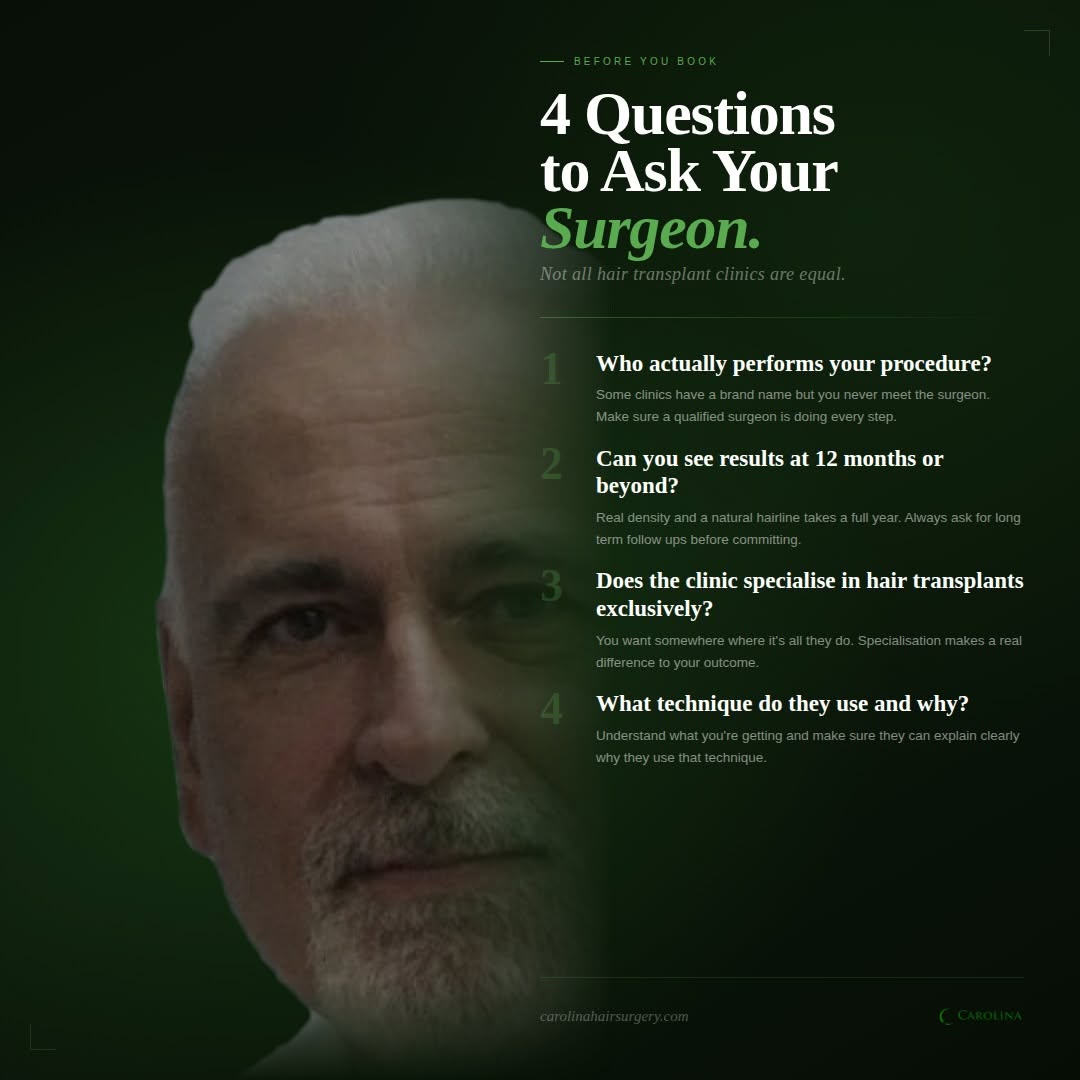 Instagram post by Dr. Michael Vories: 4 questions to ask before booking a hair transplant. 👇 Who actually performs your procedure? Some clinics have a well known brand name but …