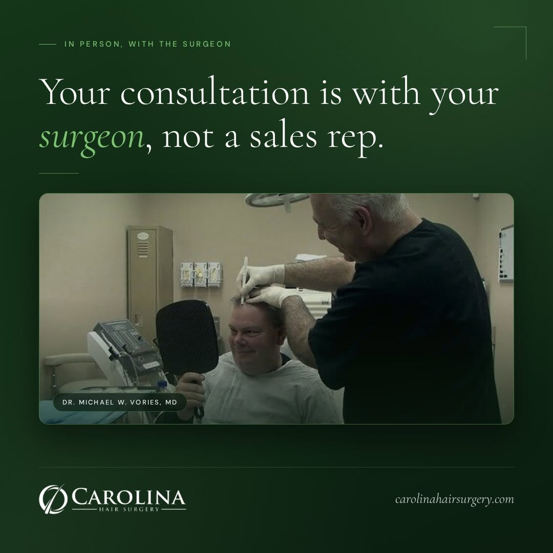 Instagram post by Dr. Michael Vories: If you've consulted elsewhere, you may have noticed the person who assessed your hair wasn't the person who would operate on it. That's stan…