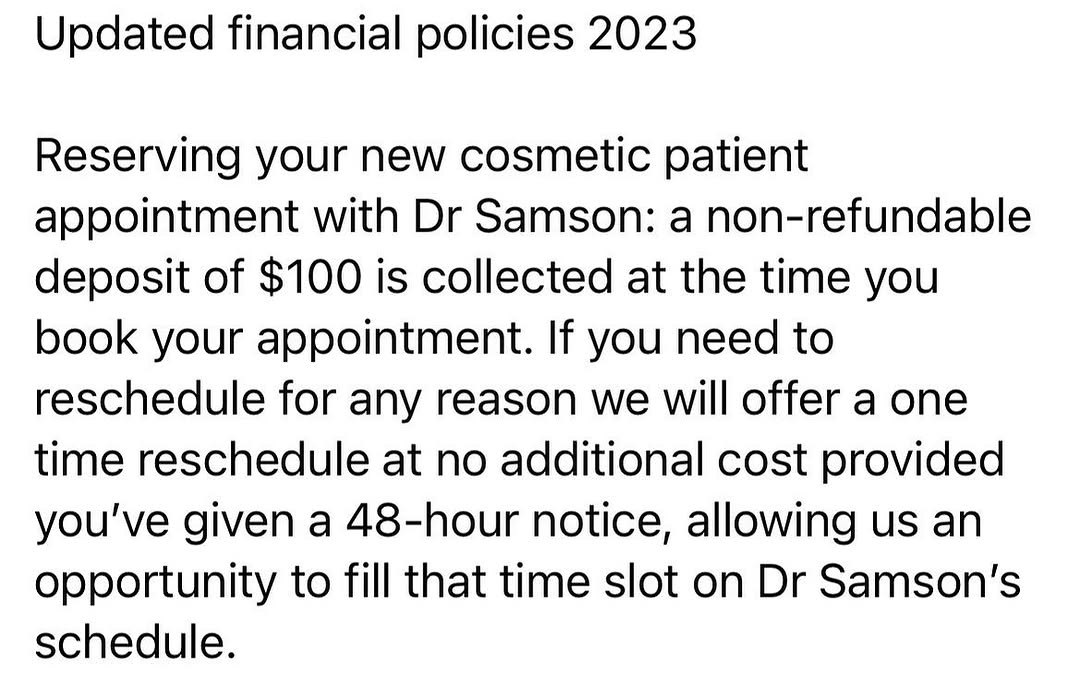 Instagram post by Dr. Michel C. Samson: Updated Financial Policy 2023 #plasticsurgery #florida #drsamson #consultation
