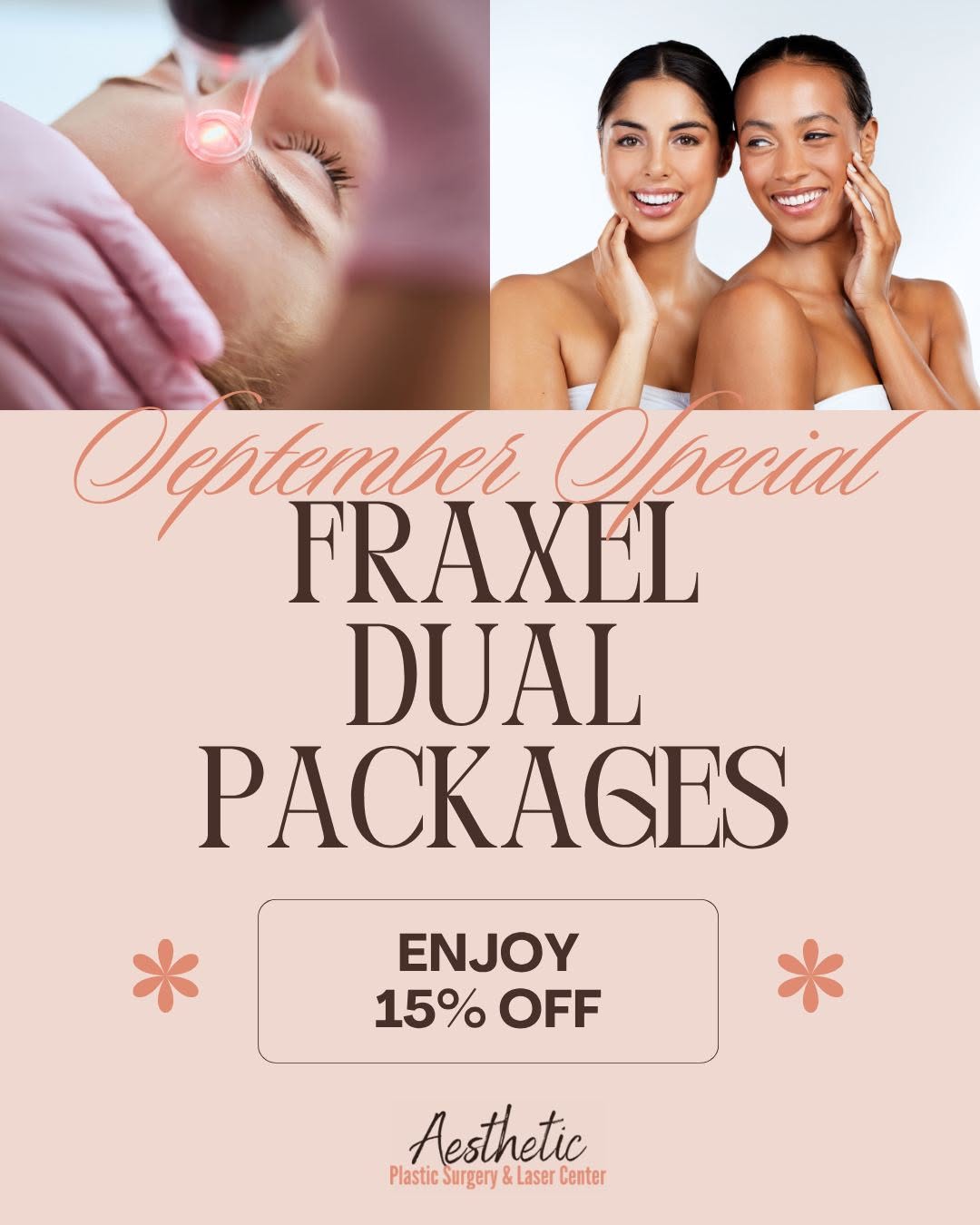 Instagram post by Dr. Michelle Hardaway: 15% off Fraxel Dual packages this September. Fraxel Dual runs two wavelengths in one treatment. One works near the surface of the skin, the …