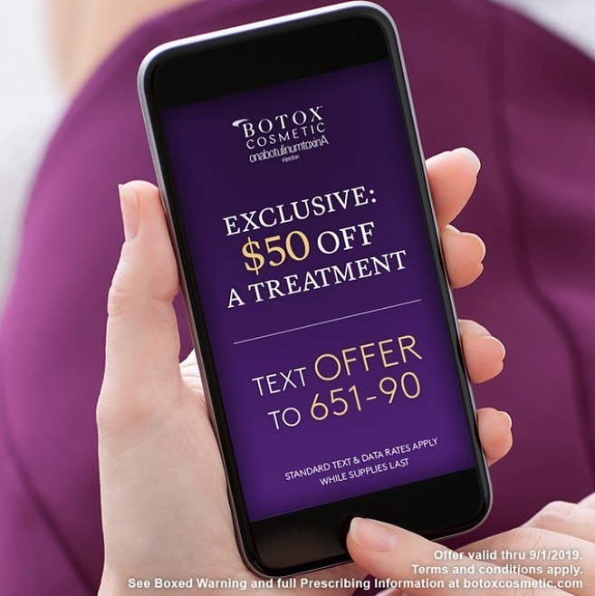 Instagram post by Dr. Michelle J. Place: Get $50 Off #BOTOX Cosmetic! Text OFFER to 65190 or visit https://btxc.co/50off and get $50 OFF a BOTOX® Cosmetic treatment! Offer valid thr…