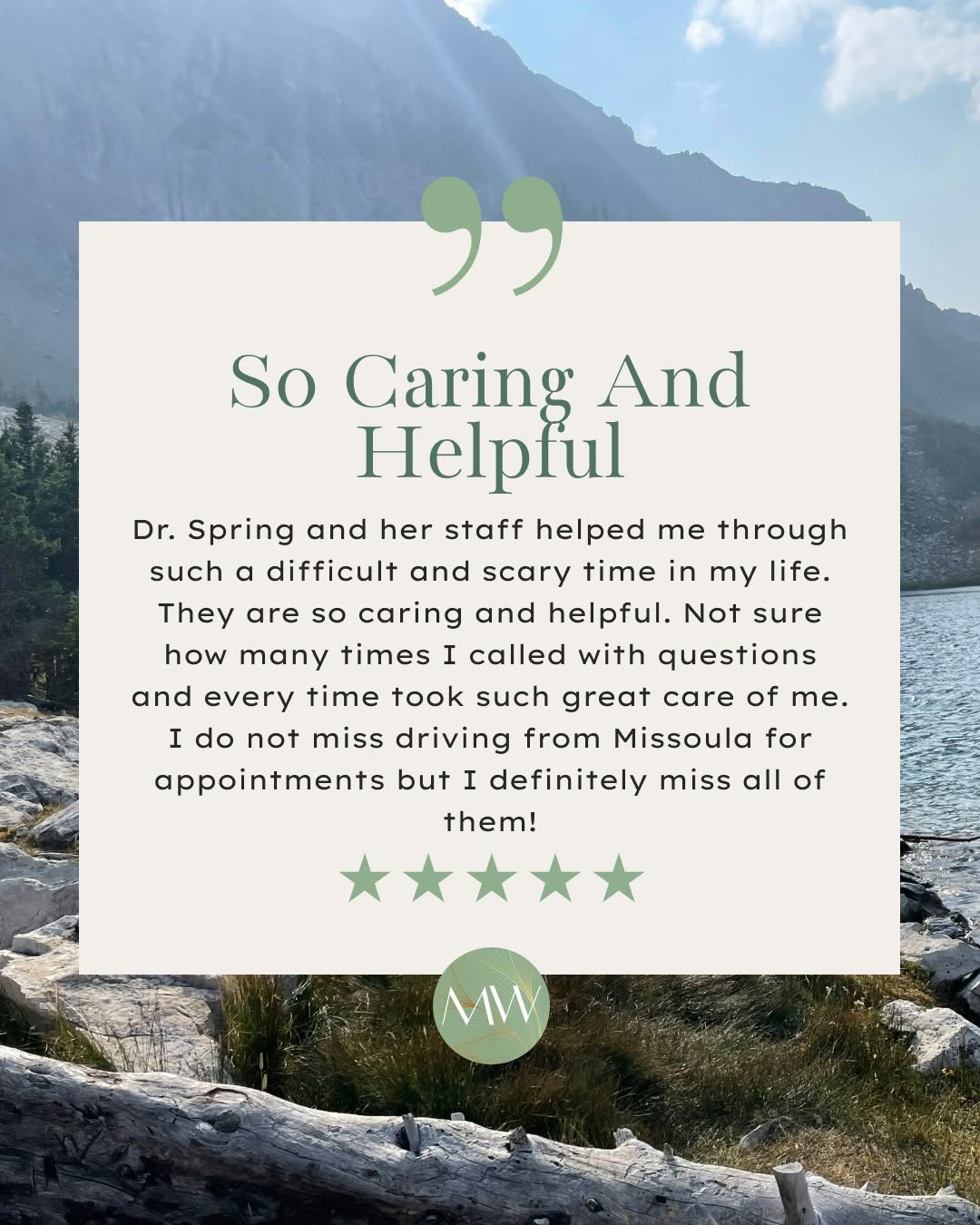 Instagram post by Dr. Michelle Spring: We do not take reviews like this lightly. A patient who drove all the way from Missoula shared what her experience was like with Dr. Spring …
