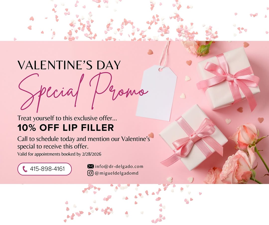 Instagram post by Dr. Miguel Delgado: This Valentine's season, we're delighted to offer 10% off on lip filler! Call us to schedule, mention our Valentine's special and you're on …