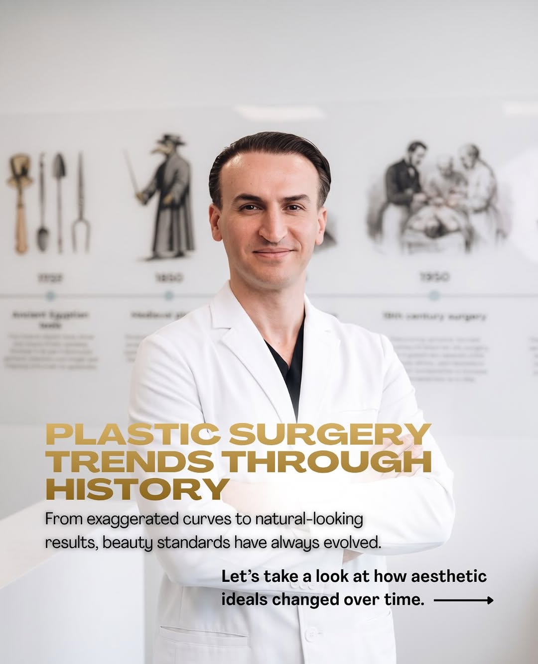 Instagram post by Dr. Mihail Climov: Beauty standards have changed throughout history, and plastic surgery has evolved with them. From exaggerated silhouettes to today’s focus o…