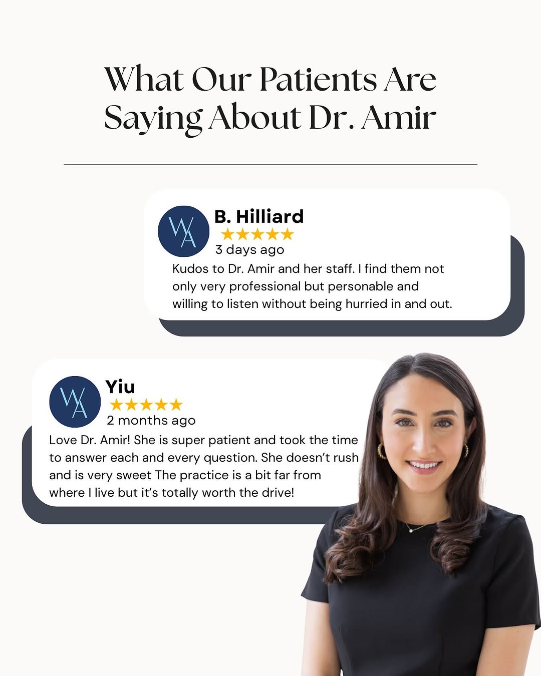 Instagram post by Dr. Molly M. Warthan: Hear what our amazing patients are saying about Dr. Amir! ✨ From compassionate care to personalized attention, we’re proud to make every vis…