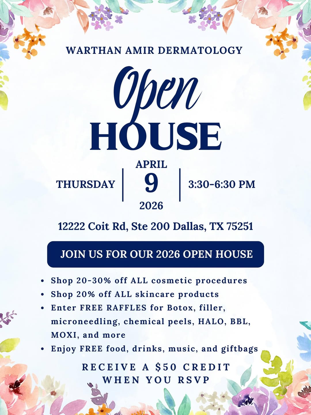 Instagram post by Dr. Molly M. Warthan: Spring glow, here we come 💐✨ Join us for our 2026 Open House and treat yourself to an afternoon of beauty, treats, and exclusive perks! Enj…