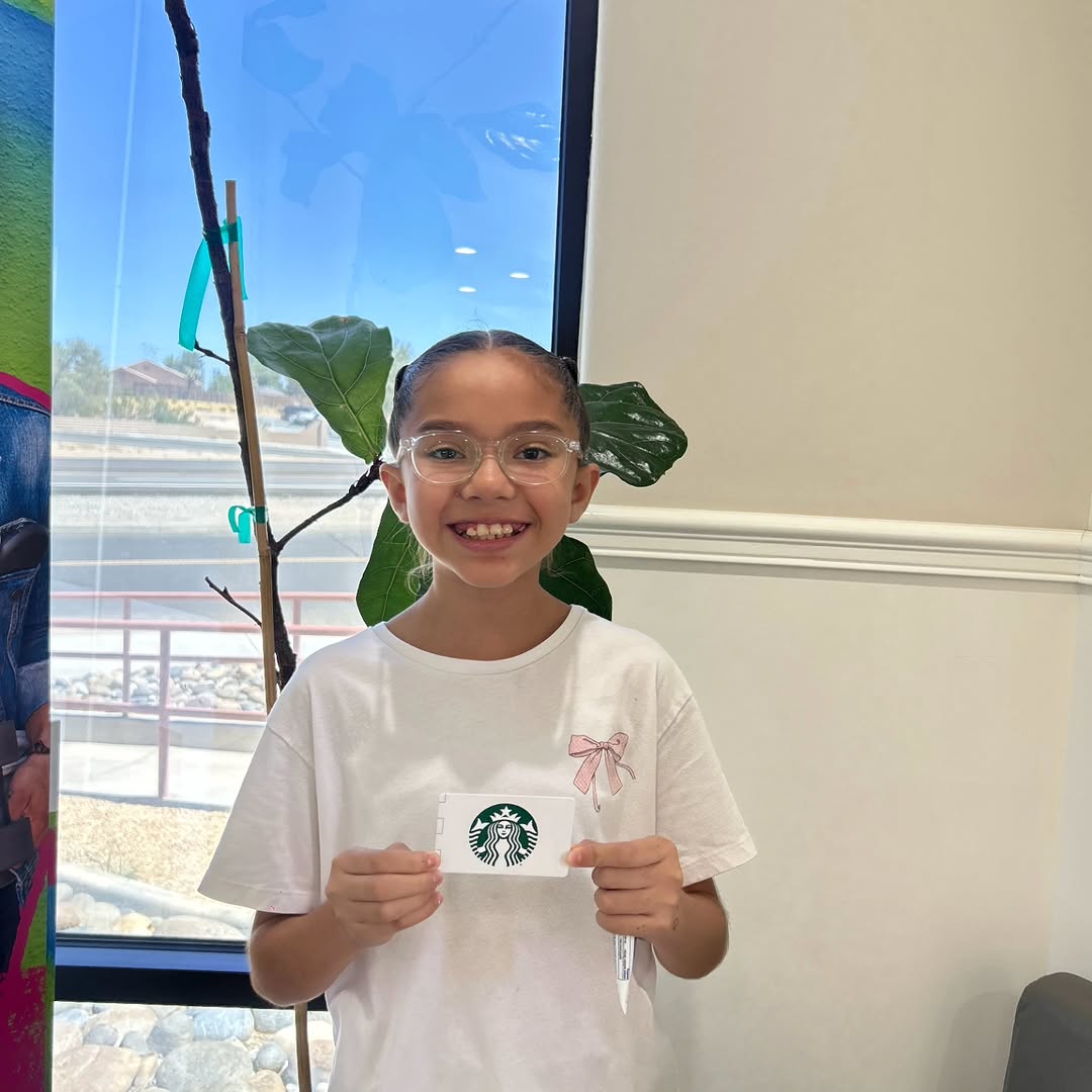 Instagram post by Dr. Monica Velez, D: Congratulations, Genesis! ☕🎉 We hope you enjoy your Starbucks treat—you deserve it! Thanks for being part of our smile family. 💙✨ #Congrat…