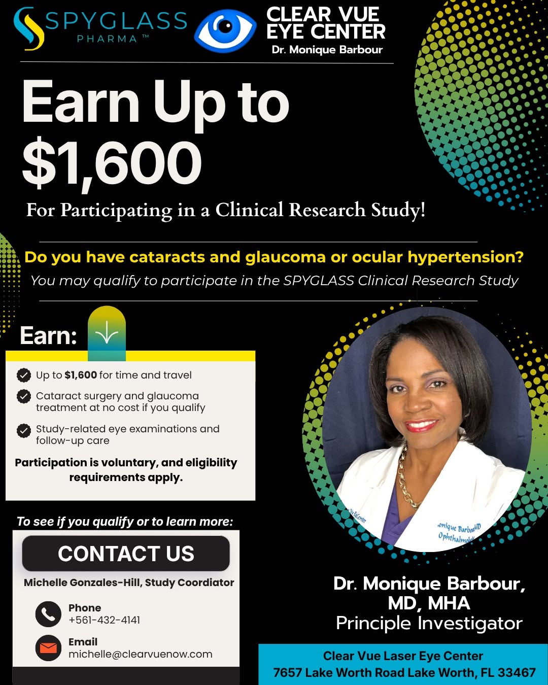 Instagram post by Dr. Monique Barbour: Earn Up to $1,600 for Participating in a Clinical Research Study! Do you have cataracts and glaucoma or ocular hypertension? You may qualify…