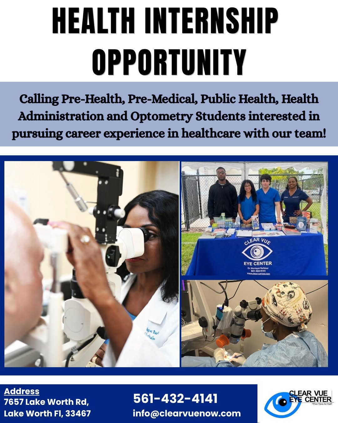 Instagram post by Dr. Monique Barbour: ClearVue Eye Center is offering a Health Internship Opportunity for students interested in medicine, optometry, ophthalmology, public health…