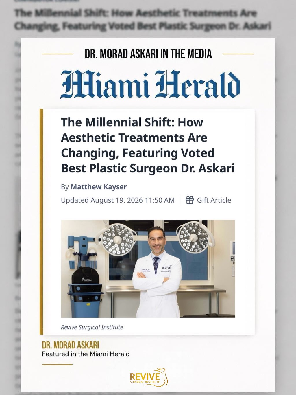 Instagram post by Dr. Morad Askari: Dr. Askari featured in the Miami Herald ✨ An in-depth look at Dr. Morad Askari, MD, MBA, FACS and his approach to helping patients achieve n…