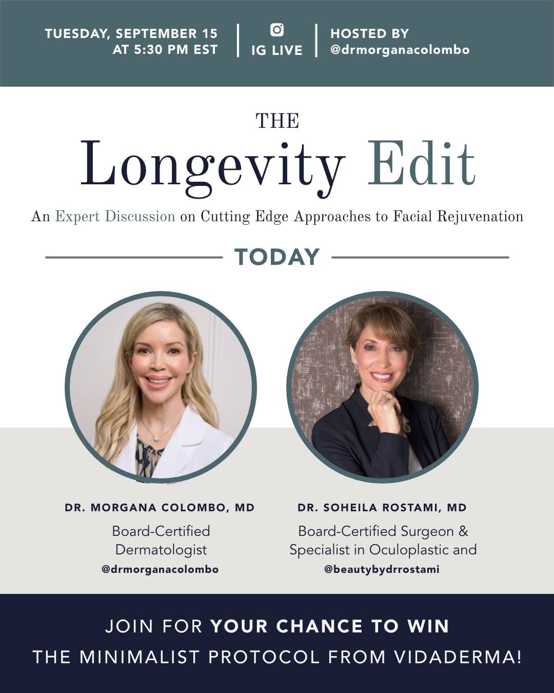 Instagram post by Dr. Morgana Colombo: WE’RE LIVE TODAY! ✨ With Guest Dr. Soheila Rostami @beautybydrrostami. Join the Longevity Edit with Dr. Morgana Colombo today at 5:30 PM EST…