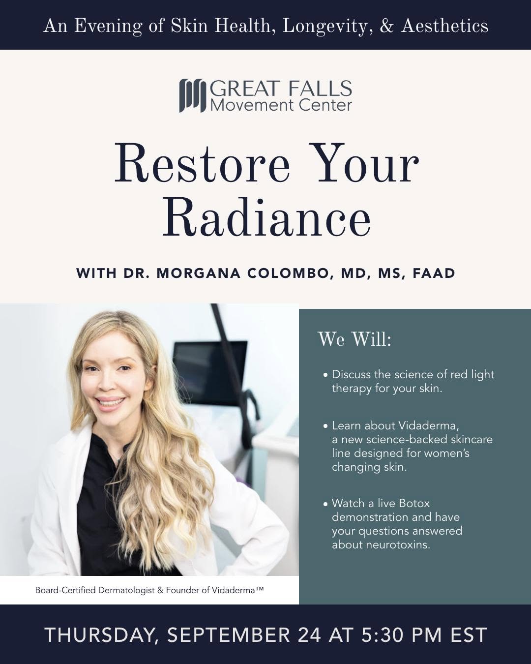 Instagram post by Dr. Morgana Colombo: Join us for an intimate evening dedicated to skin health, longevity + aesthetics with board-certified dermatologist and Vidaderma founder @d…