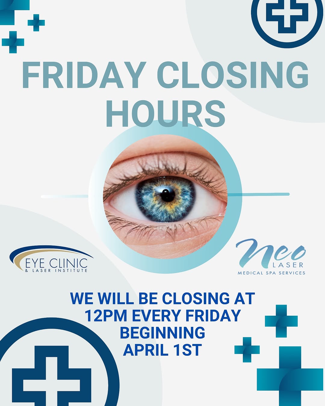 Instagram post by Dr. Mukesh Aggarwal: Beginning April 1st we will be closing at 12 PM every Friday! 👀