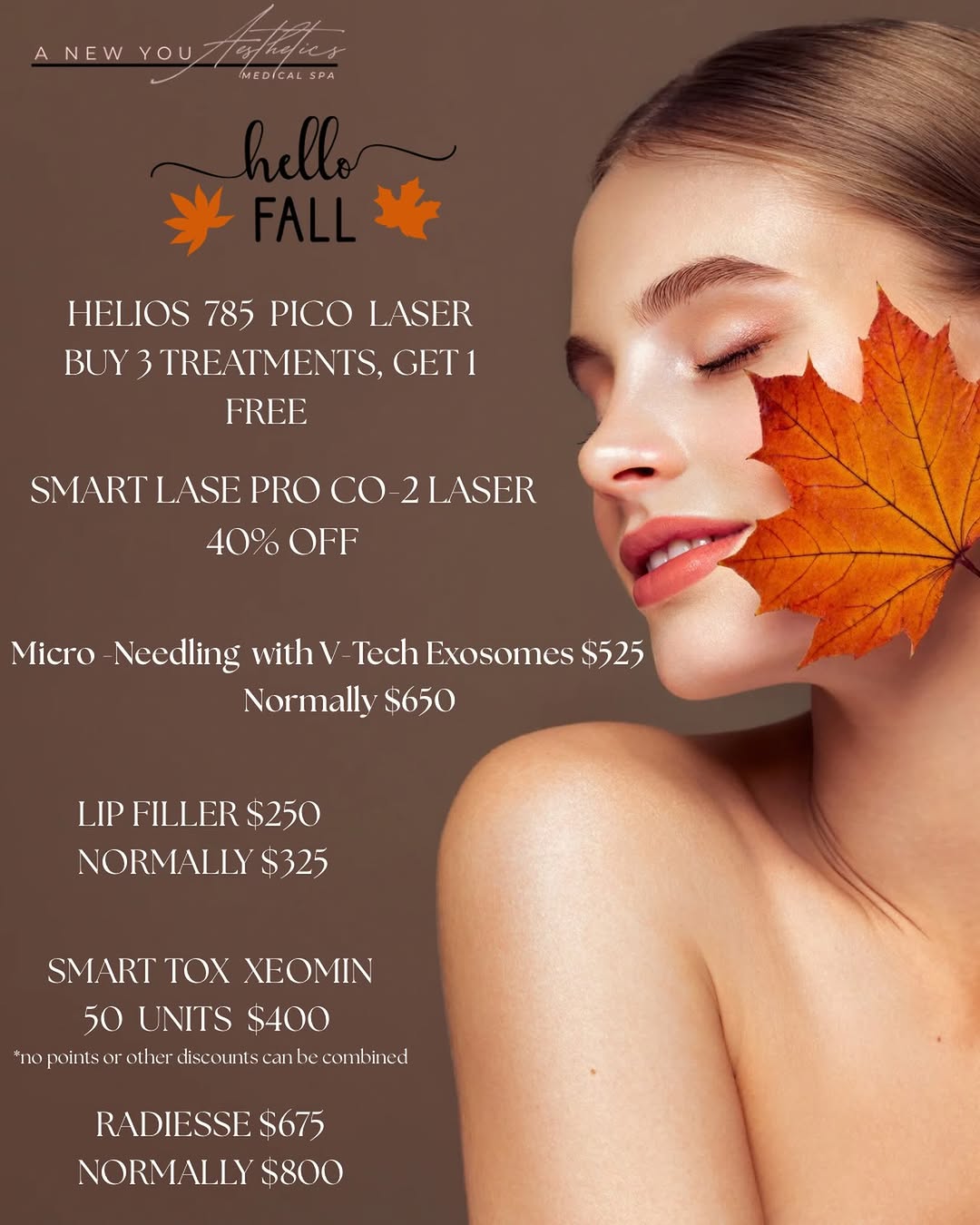 Instagram post by Dr. Nalan Narine: 🍁🍂Check out our FALL SPECIALS🍂🍁 . . 📱(951) 972-8911📱(951) 972-8911 💻 https://www.anewuaesthetics.com 📍 44054 Margarita Road #102 Tem…