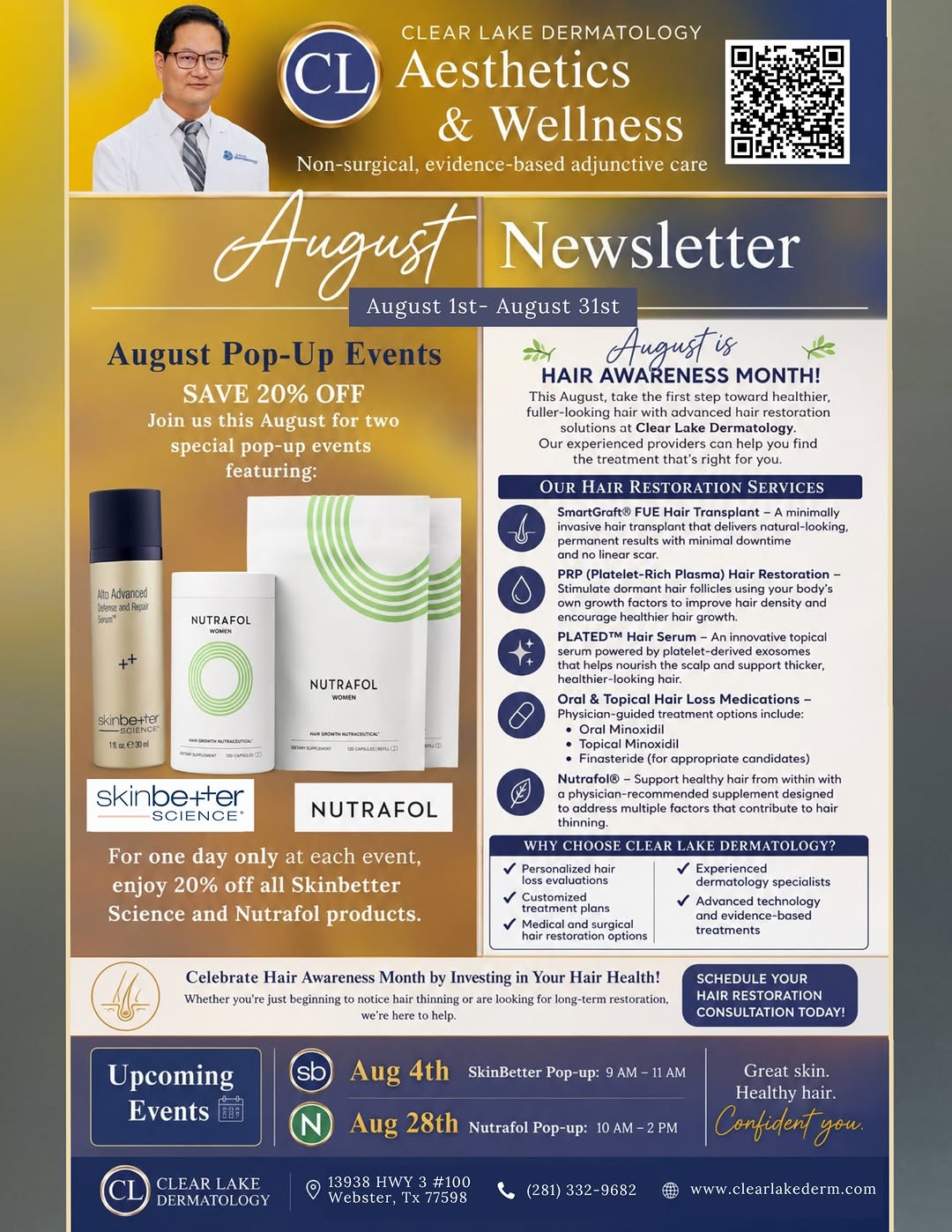 Instagram post by Dr. Narin (Joe) Apisarnthanarax: ✨ August is all about healthy skin & hair! ✨ Celebrate Hair Awareness Month with Clear Lake Dermatology! 💙 From hair restoration to expert …